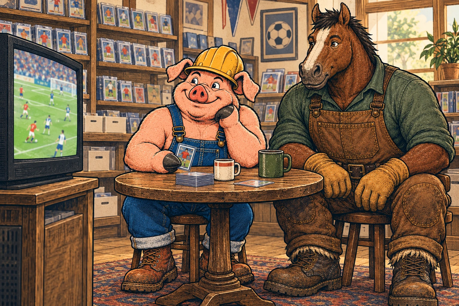 Hammy and Clyde enjoy a soccer match on the card-shop television, with a sleeved card and mugs on the table.
