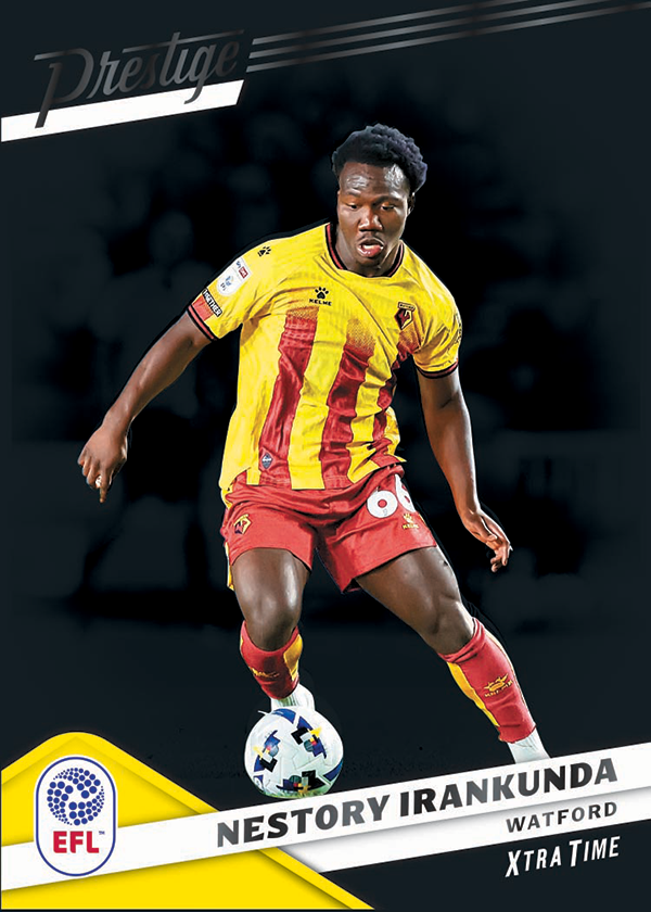 Nestory Irankunda in Watford yellow and red against a dark background on a Prestige Xtra Time preview.
