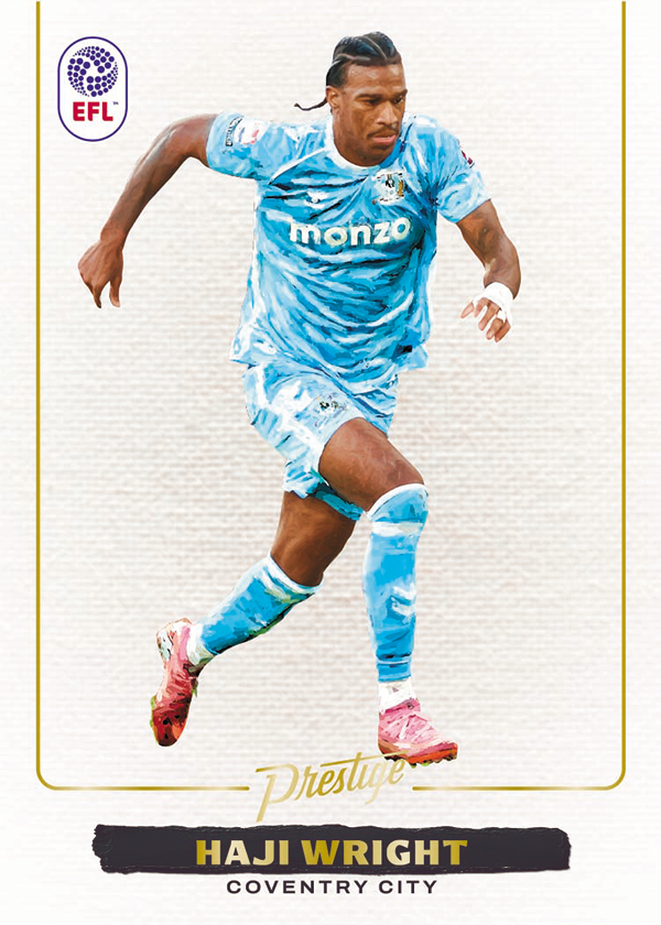 Haji Wright in Coventry City sky blue on a white textured Blank Slate card with a fine gold border.