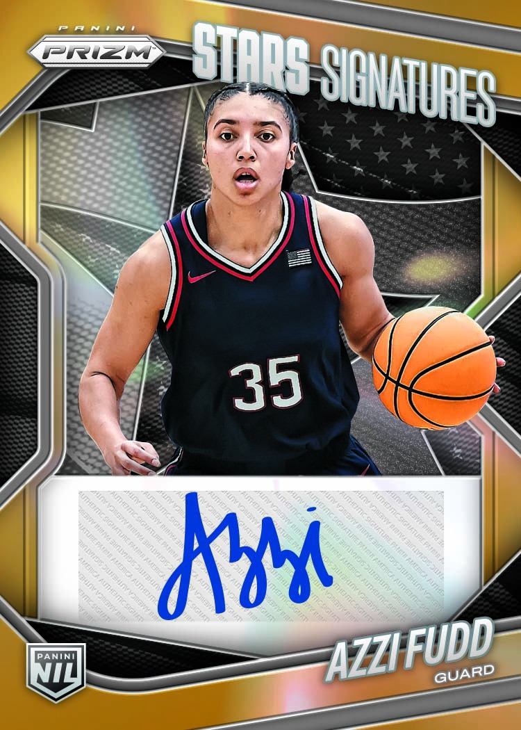 Azzi Fudd in a dark uniform on the gold-framed Prizm Stars Signatures card with a blue autograph and NIL badge.