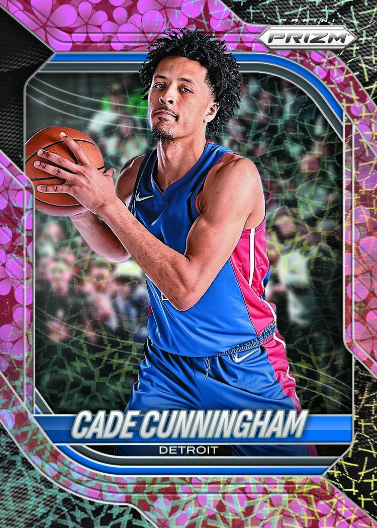 Cade Cunningham in a blue Detroit uniform surrounded by bright pink blossoms and a reflective patterned background.