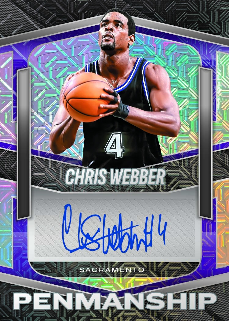 Chris Webber holding a basketball above a blue autograph, surrounded by the angular multicolored Penmanship Mojo design.