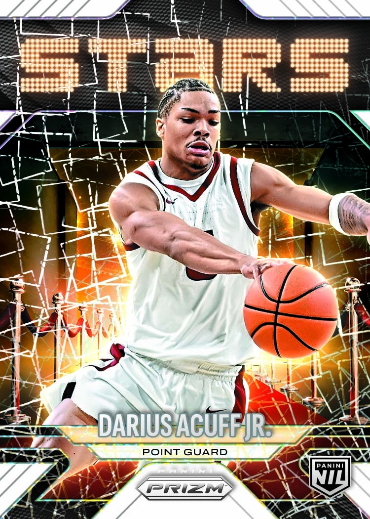 Darius Acuff Jr. dribbling on the Collegiate Stars White Lazer card, framed by a marquee and red-carpet scene.
