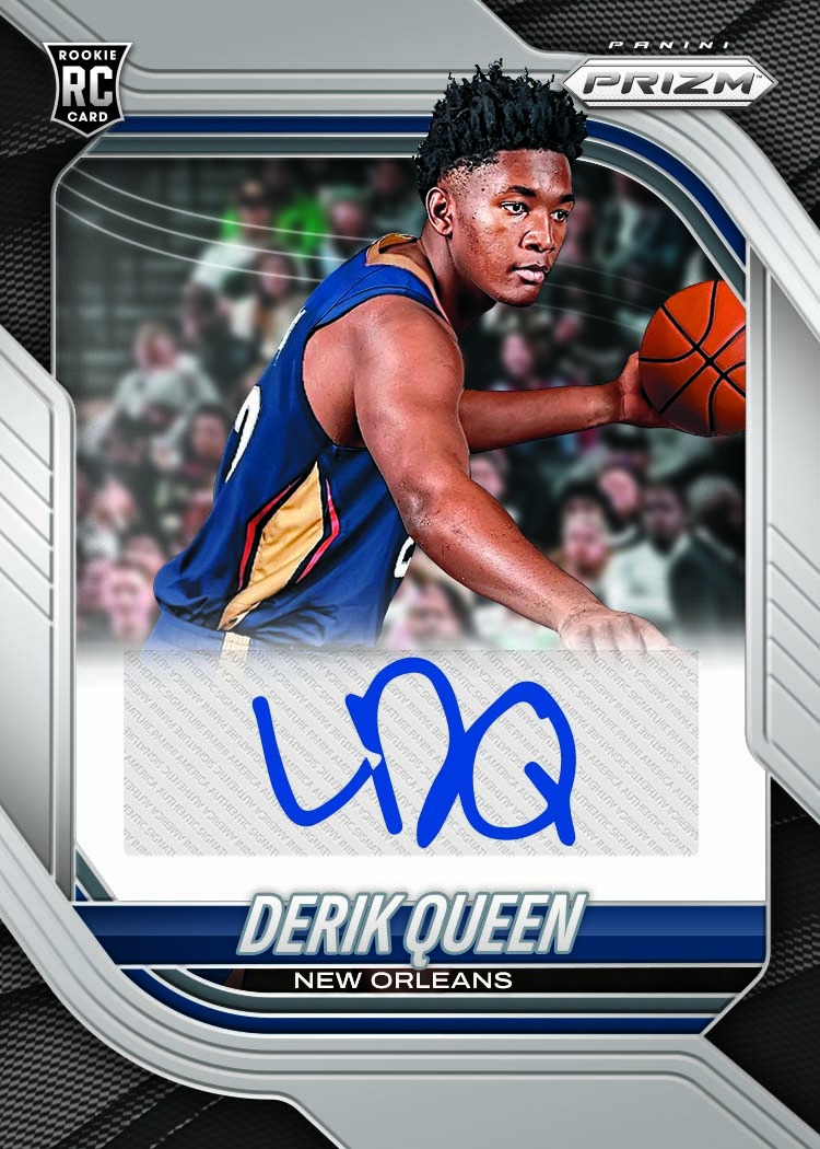 Derik Queen in a dark New Orleans uniform on a silver-framed Base Prizms Autographs card.