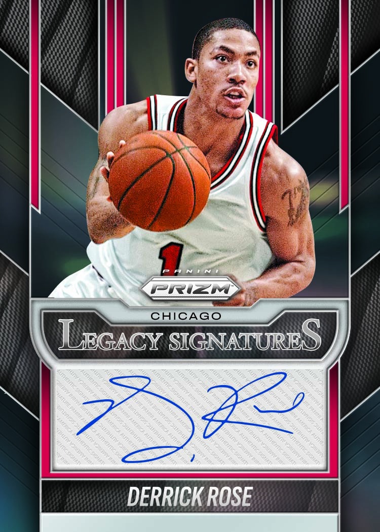 Derrick Rose in a white Chicago uniform above a blue signature on the black and red Legacy Signatures card.