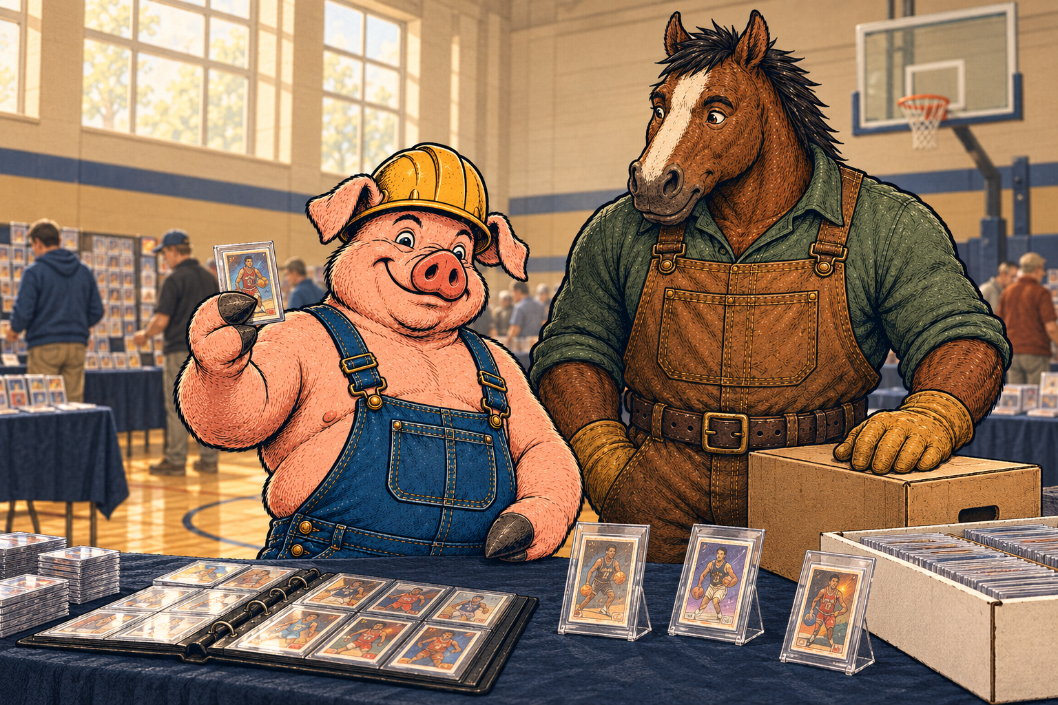 Hammy and Clyde compare protected basketball cards at a card show in a community gym.