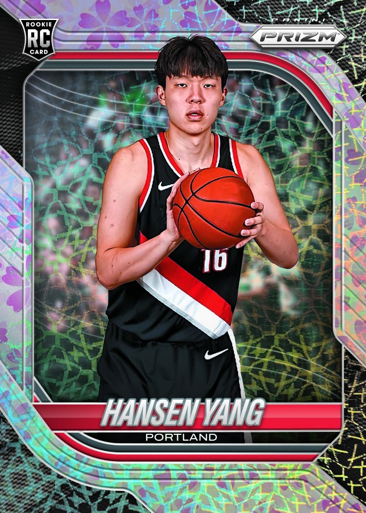 Hansen Yang in a black Portland uniform on the pale purple Cherry Blossom rookie-card design.