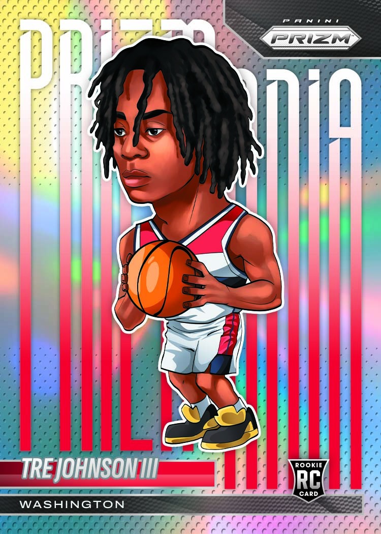 Tre Johnson III drawn with an oversized head and small basketball body against rainbow Prizmania lettering.