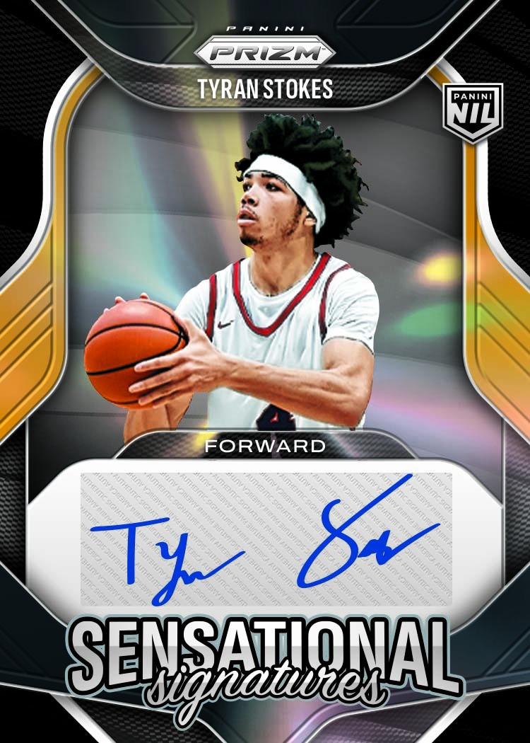 Tyran Stokes shooting in a white uniform on a black-and-gold Sensational Signatures card.