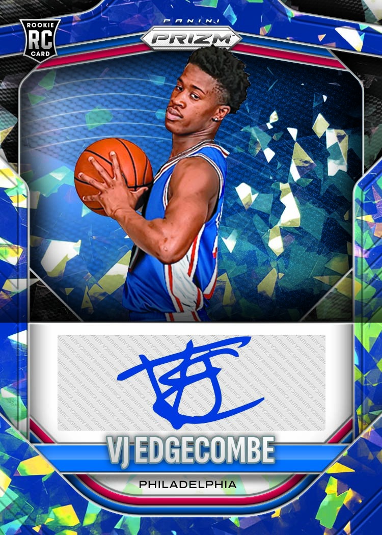 VJ Edgecombe in a blue uniform on his Prizm Autographs Blue Ice card, with a rookie badge and blue signature.