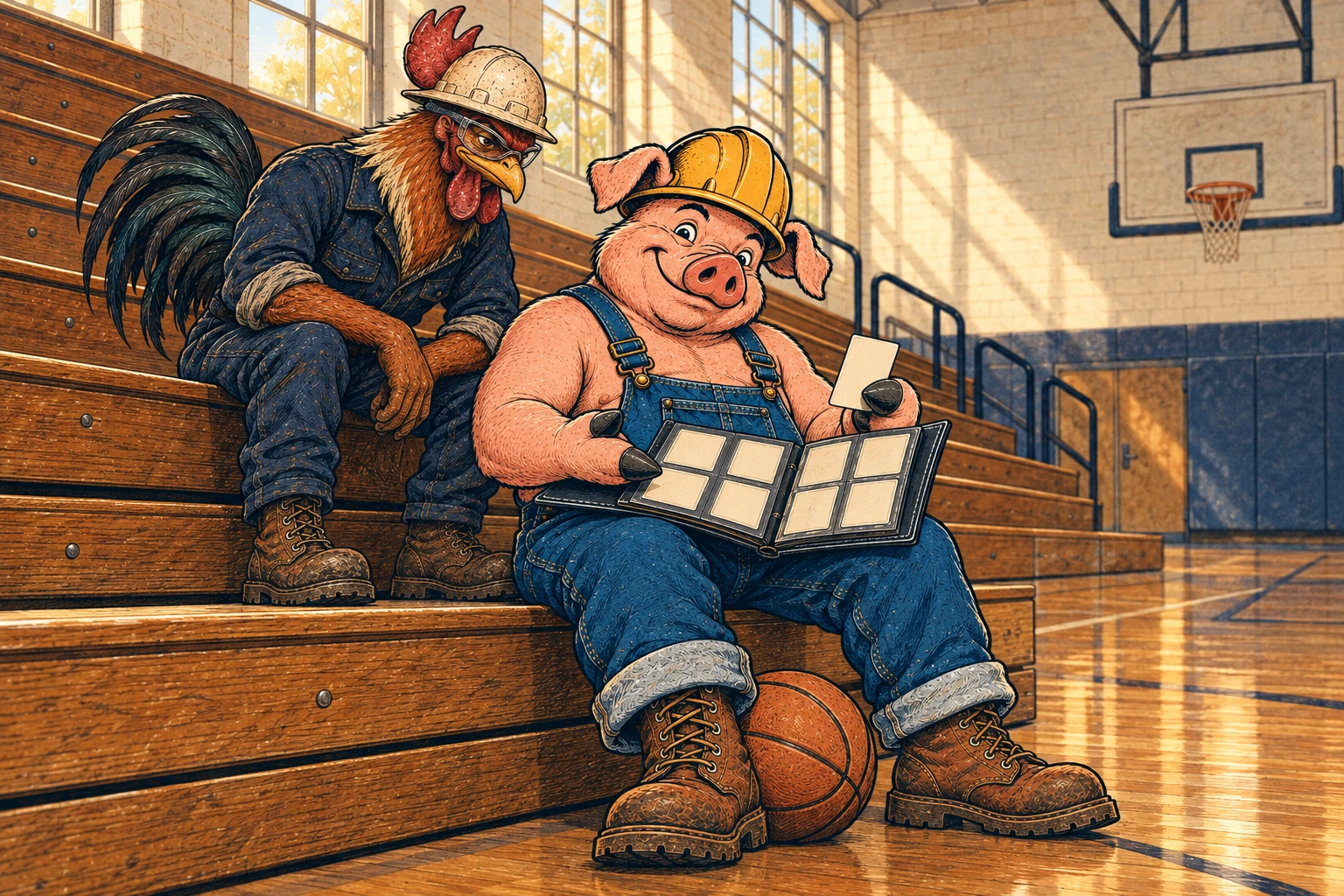 Hammy shows a card from an album to Riggs on wooden gym bleachers, with a basketball by his boots.