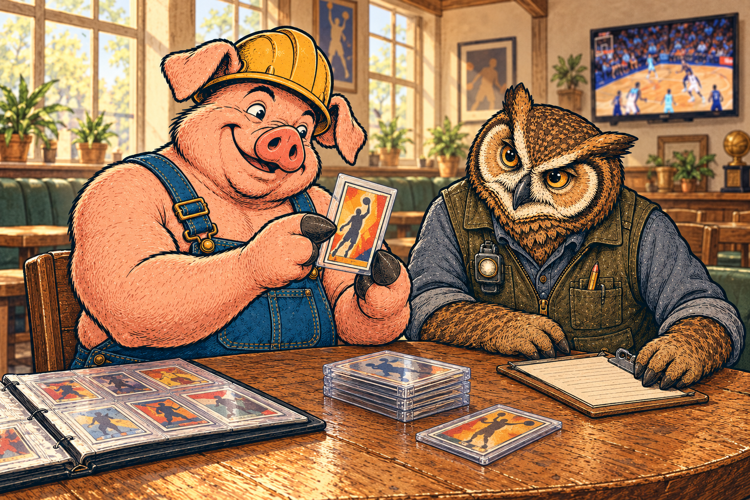 Hammy holding a protected basketball card while Lemmy studies a checklist at a wooden clubhouse table.