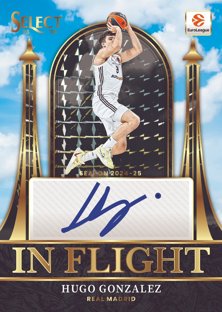 Hugo González rising with the basketball inside a black-and-gold arch, blue sky outside it and a signature below.