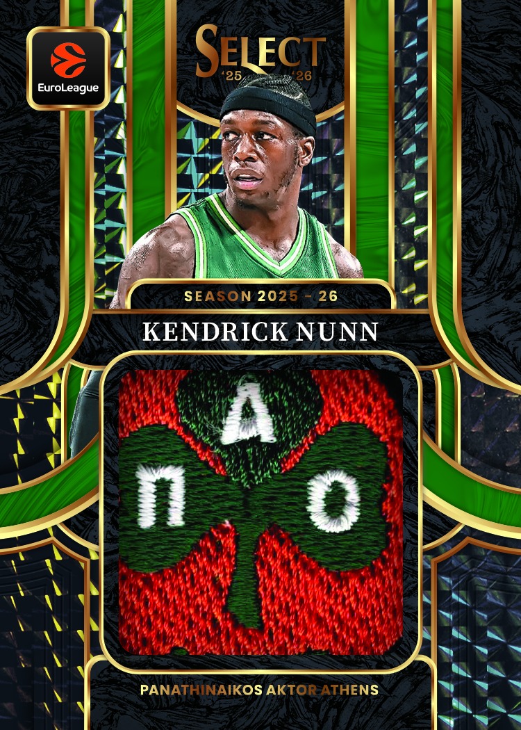 Kendrick Nunn above a large clover-detail memorabilia window, surrounded by green, gold and black refractor panels.