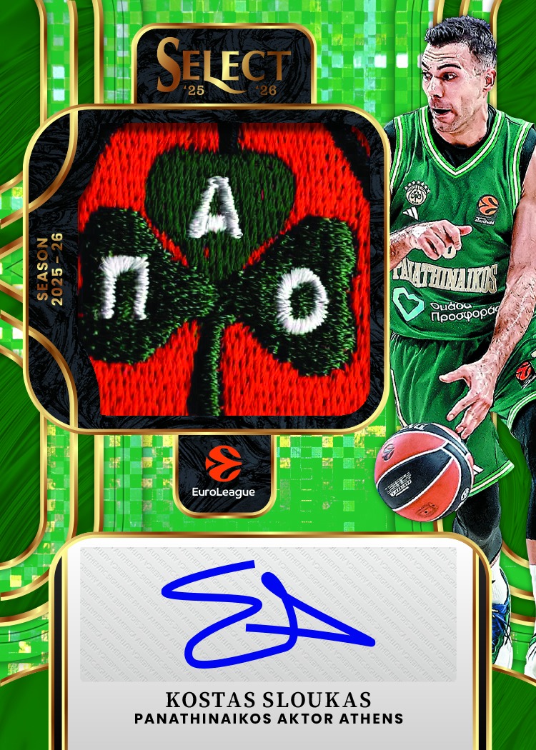 Kostas Sloukas beside a large clover-detail memorabilia window and a blue signature panel in a green frame.