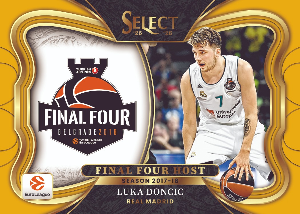 Luka Dončić in a white Real Madrid uniform beside the Belgrade 2018 Final Four emblem, framed in gold.
