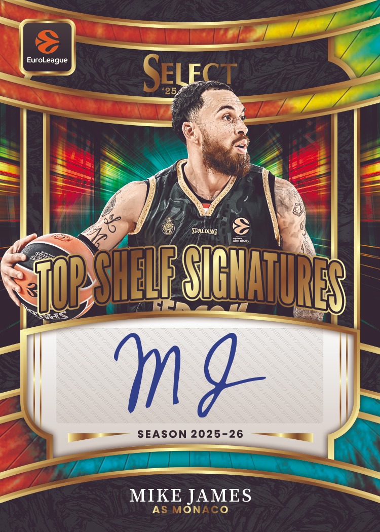Mike James in Monaco black and gold above a wide signature panel surrounded by multicolored curved bands.