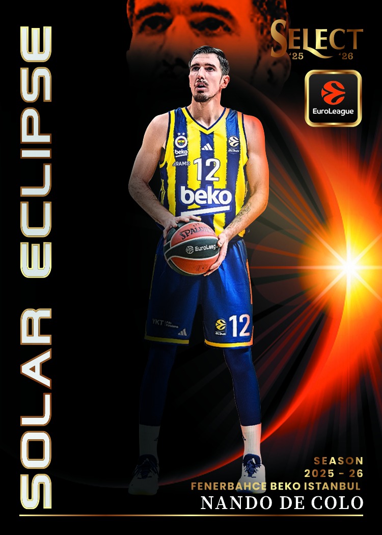 Nando De Colo in a blue-and-yellow Fenerbahçe uniform, with an orange-lit portrait and flare against black.