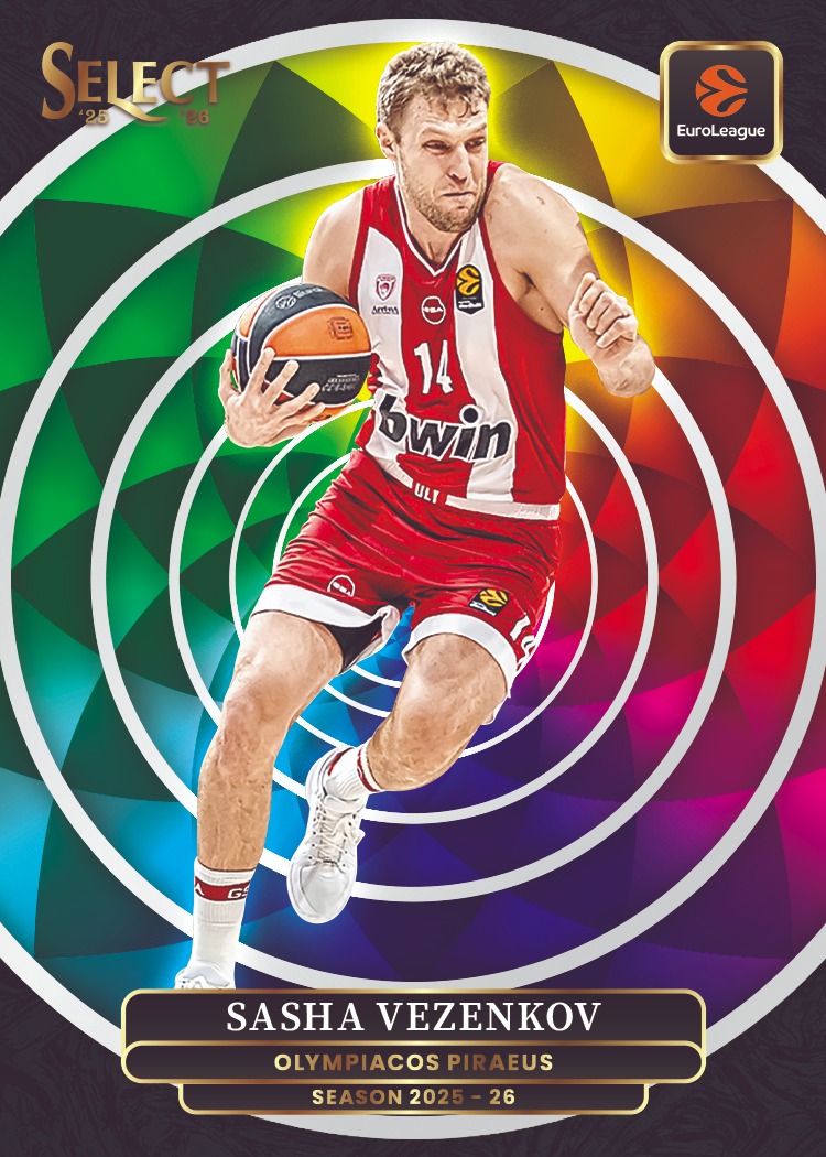 Sasha Vezenkov in an Olympiacos uniform against white concentric rings and a faceted rainbow background.