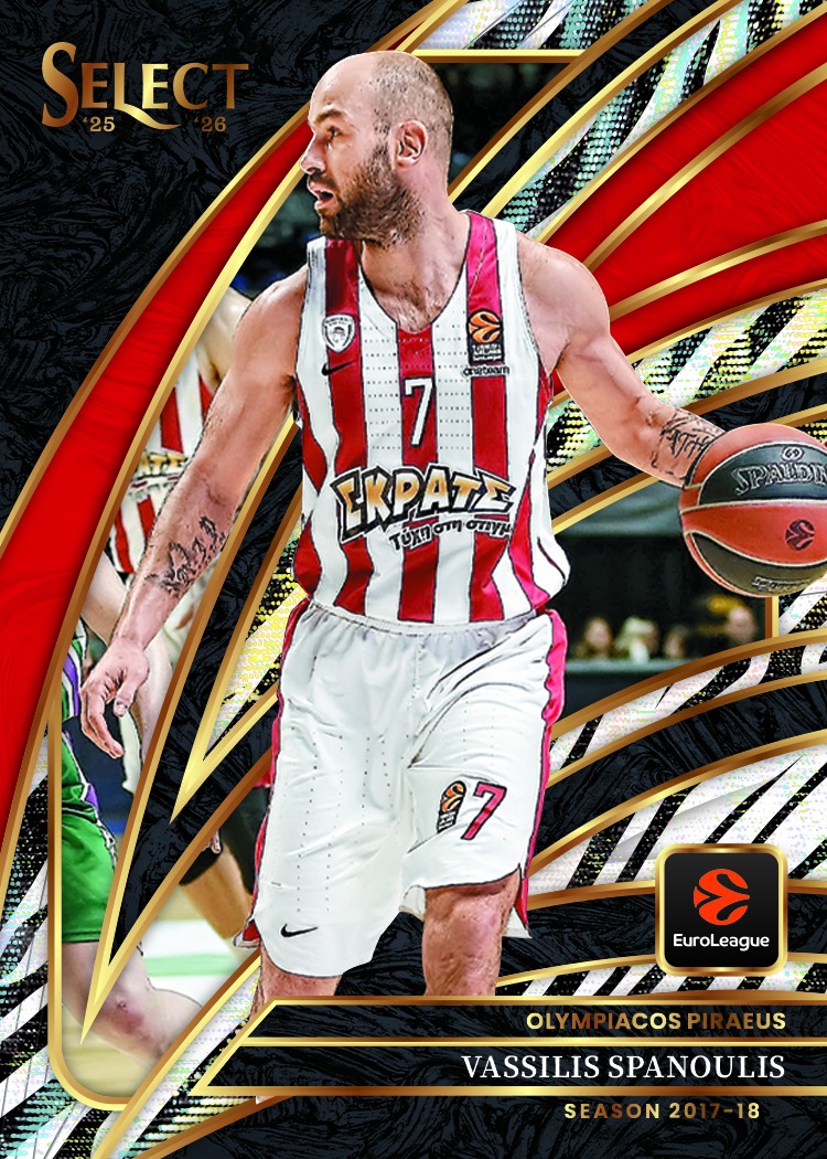Vassilis Spanoulis dribbling in red-and-white Olympiacos stripes amid sweeping gold, red and zebra-patterned bands.