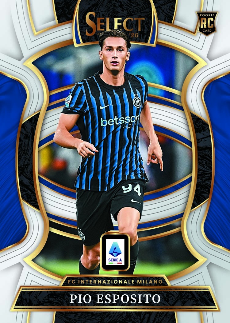 Pio Esposito in Inter’s blue-and-black kit inside a white, blue and gold Select Terrace frame.