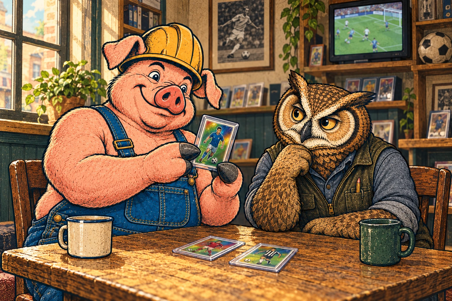 Hammy and Lemmy enjoy protected soccer cards at a shop table while a football match plays in the background.