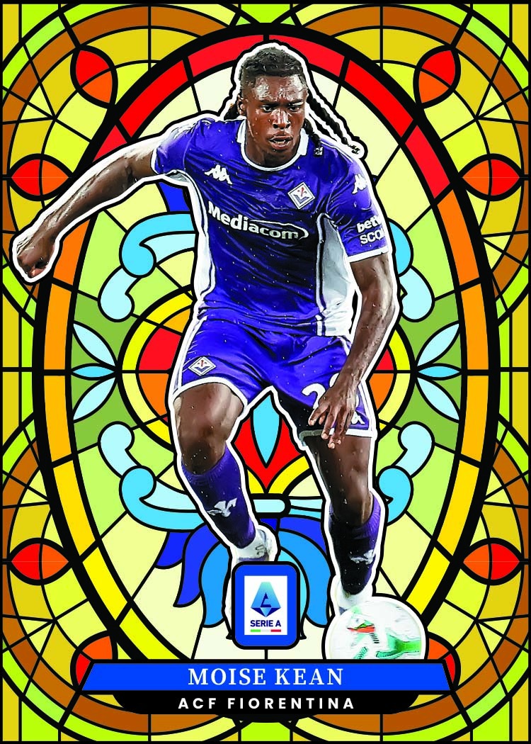 Moise Kean in Fiorentina purple against a vivid stained-glass pattern of yellow, red, blue and green.