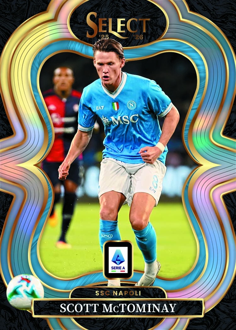 Scott McTominay in Napoli blue on a Silver Mezzanine card with curved rainbow-reflective edging.