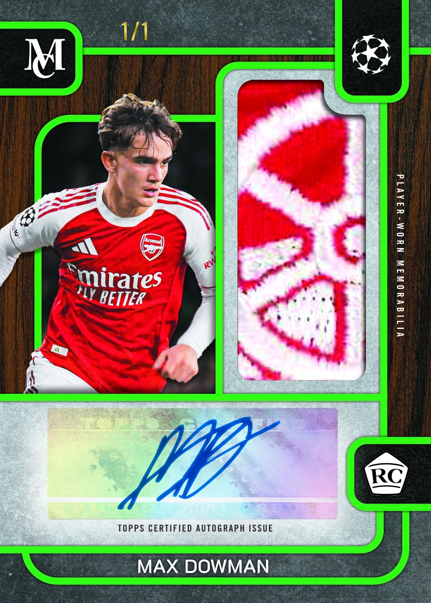Max Dowman appears beside a red and white Arsenal patch with a blue autograph below on a Museum rookie autograph-relic preview marked 1/1.