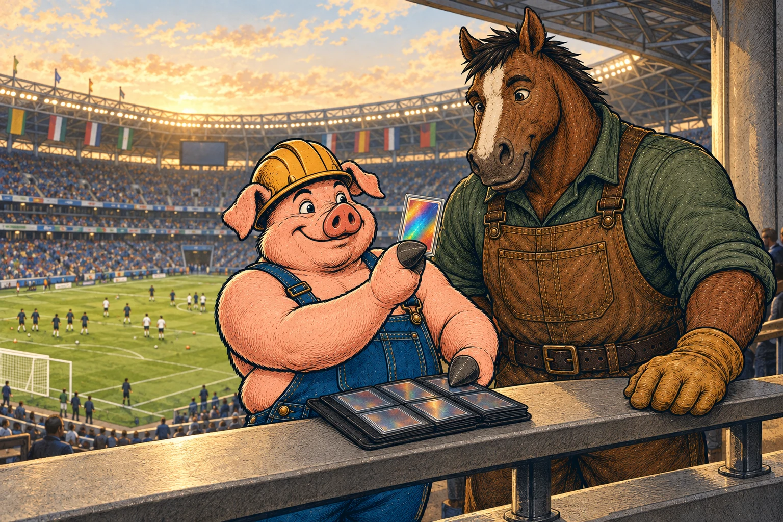 Hammy and Clyde look through football cards overlooking a stadium.