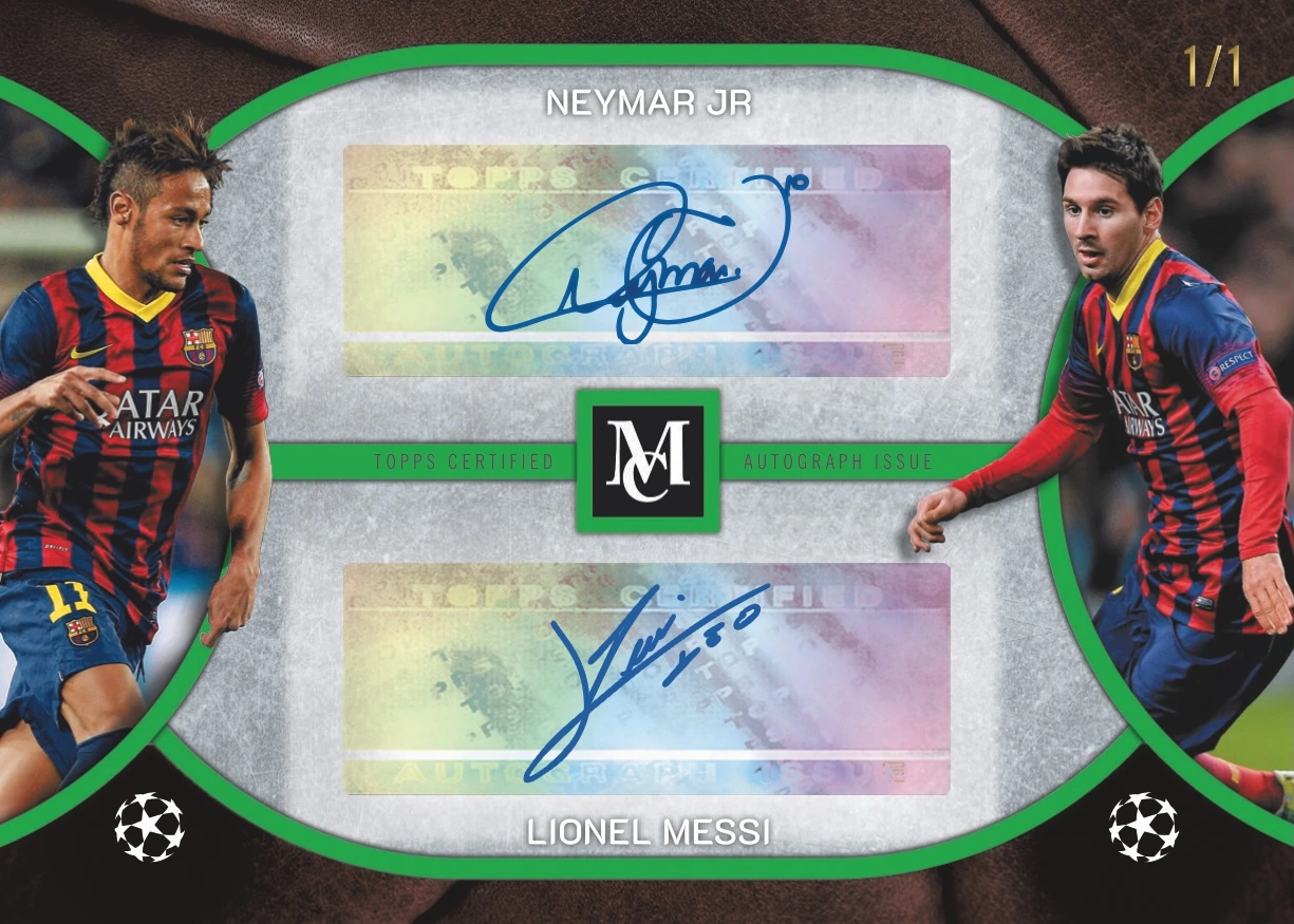 Neymar and Lionel Messi flank two blue signatures on a green-edged 2025–26 Topps Museum UEFA Archival Dual Autographs preview marked 1/1.