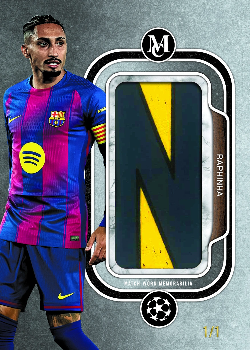 Raphinha stands beside a tall black and yellow memorabilia window on a Museum card marked match-worn memorabilia and 1/1.