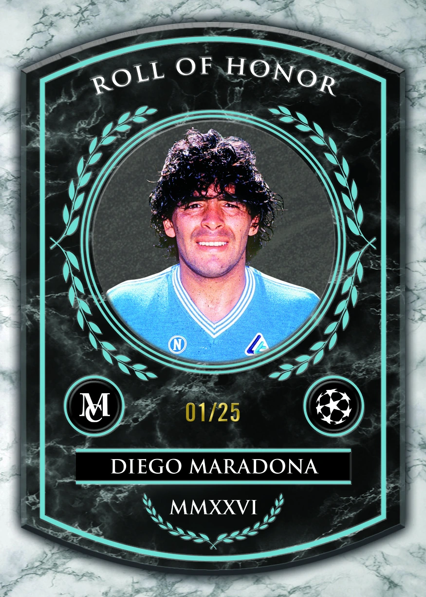 Diego Maradona wears a Napoli shirt inside a dark marble Roll of Honor design with turquoise detail and a 01/25 stamp.