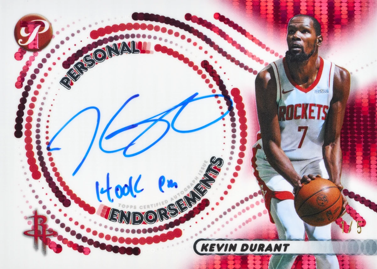 Kevin Durant's 2025–26 Pristine Personal Endorsements Pristine Red /5 preview with a Hook Em inscription.