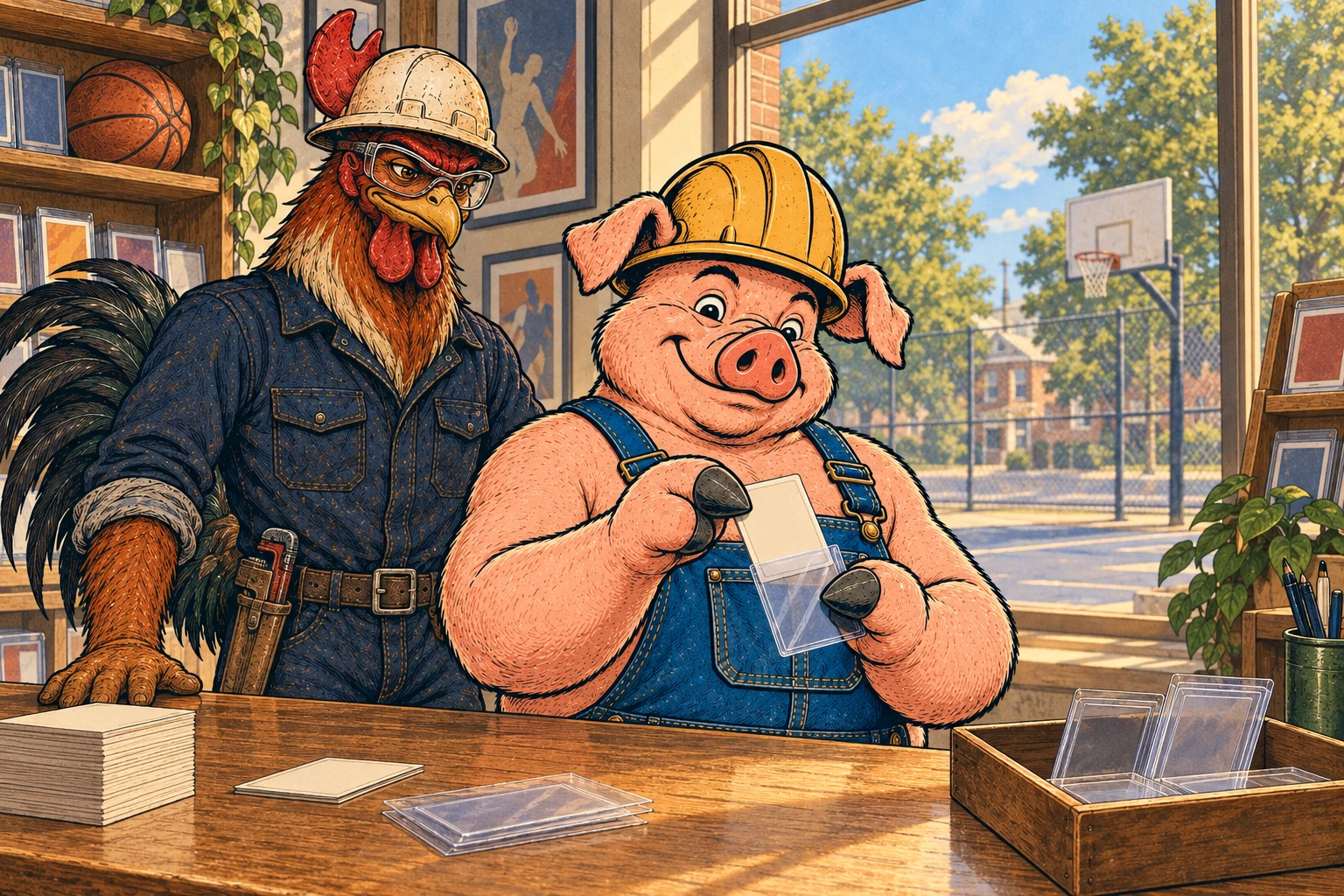 Hammy sleeves a card with Riggs beside a bright window overlooking a basketball court.