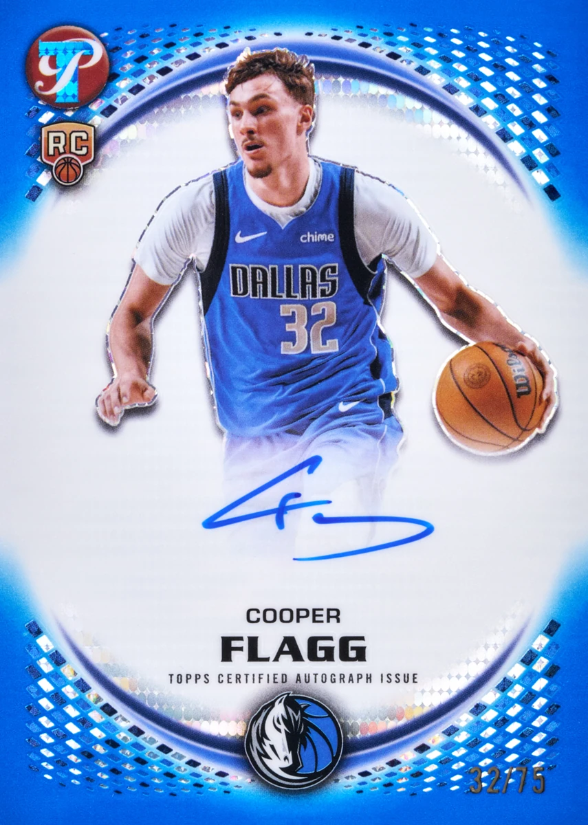 Cooper Flagg's 2025–26 Topps Pristine autograph preview in the Pristine Blue /75 parallel.
