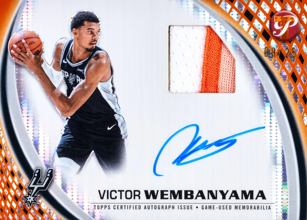 Victor Wembanyama's 2025–26 Topps Pristine Pieces Pristine Orange autograph relic preview.