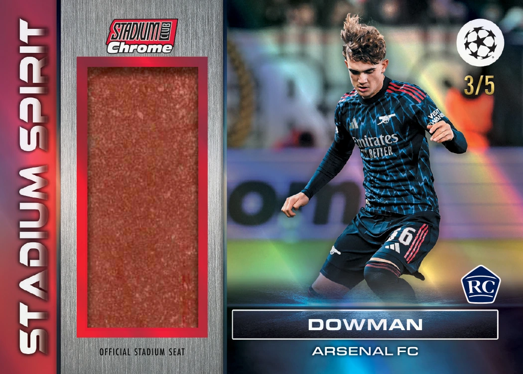 Max Dowman Stadium Spirit Seat Relic preview with a tall red seat-material window, Arsenal photograph, RC shield and 3/5 numbering.