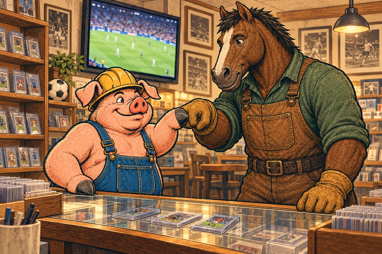 Hammy and Clyde exchange a friendly fist bump at the card-shop counter while a football match plays on the television.