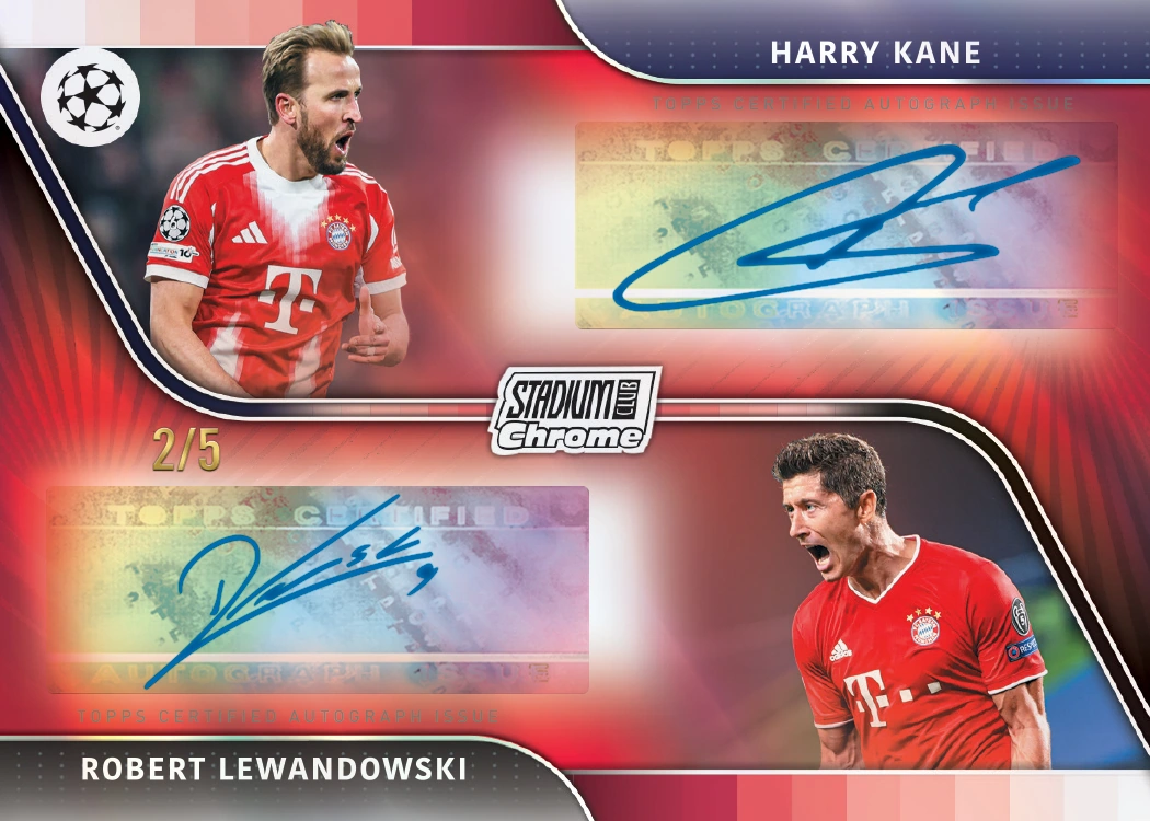 Harry Kane and Robert Lewandowski Red dual-autograph preview, with both players in Bayern kits, two blue signatures and 2/5 numbering.