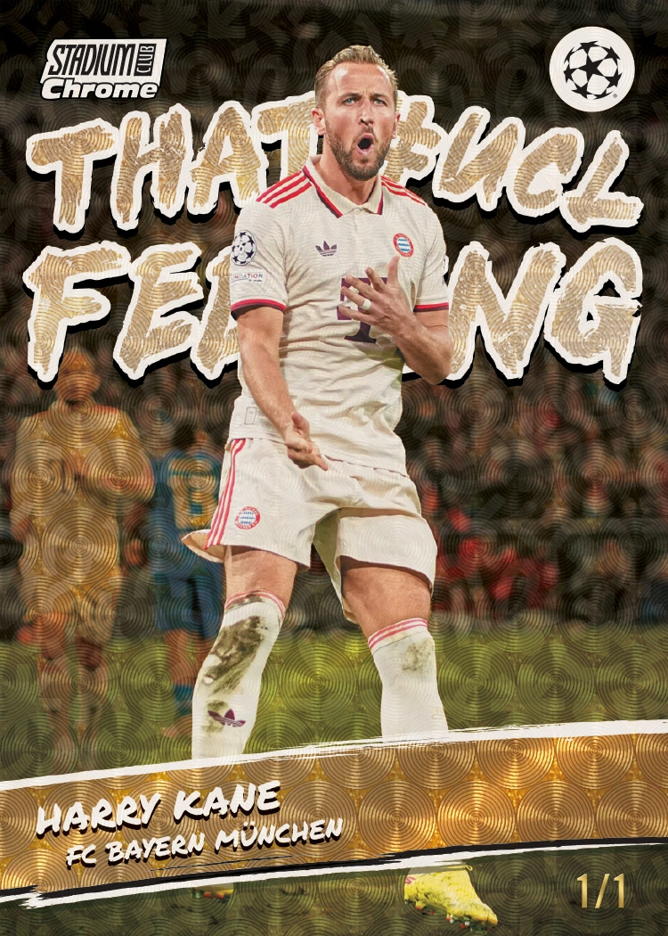 Harry Kane That UCL Feeling preview showing his celebration in a pale Bayern kit, with gold circular pattern and 1/1 numbering.