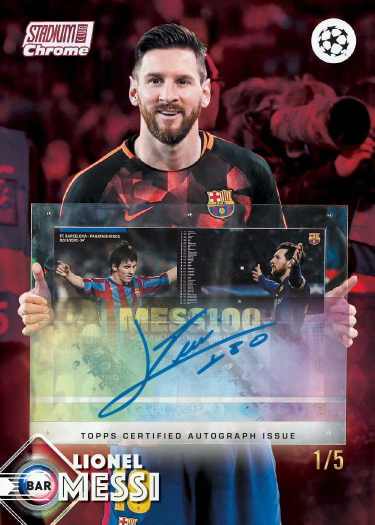 Lionel Messi Red autograph preview holding a commemorative photographic display, with a blue signature and 1/5 numbering.