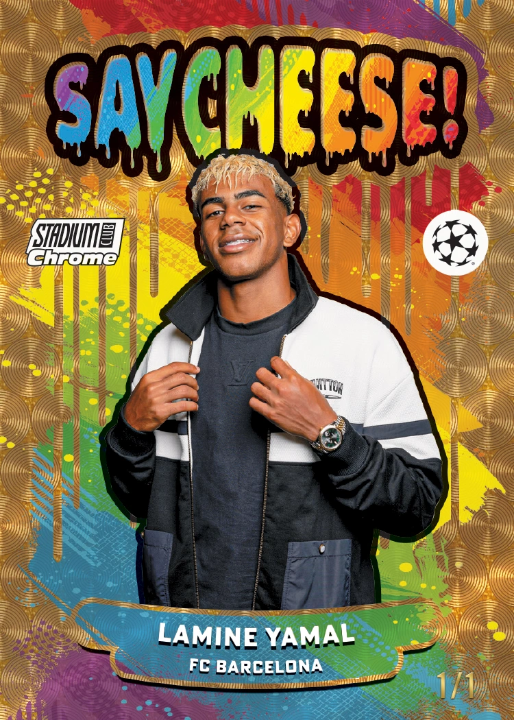 Lamine Yamal Say Cheese! preview with multicolored lettering, gold circular pattern and 1/1 marking.