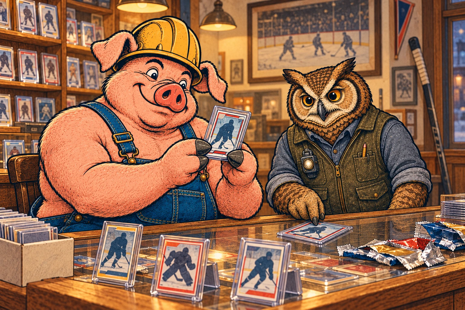 Hammy examines a protected hockey card while Lemmy points to another at the card-shop counter.