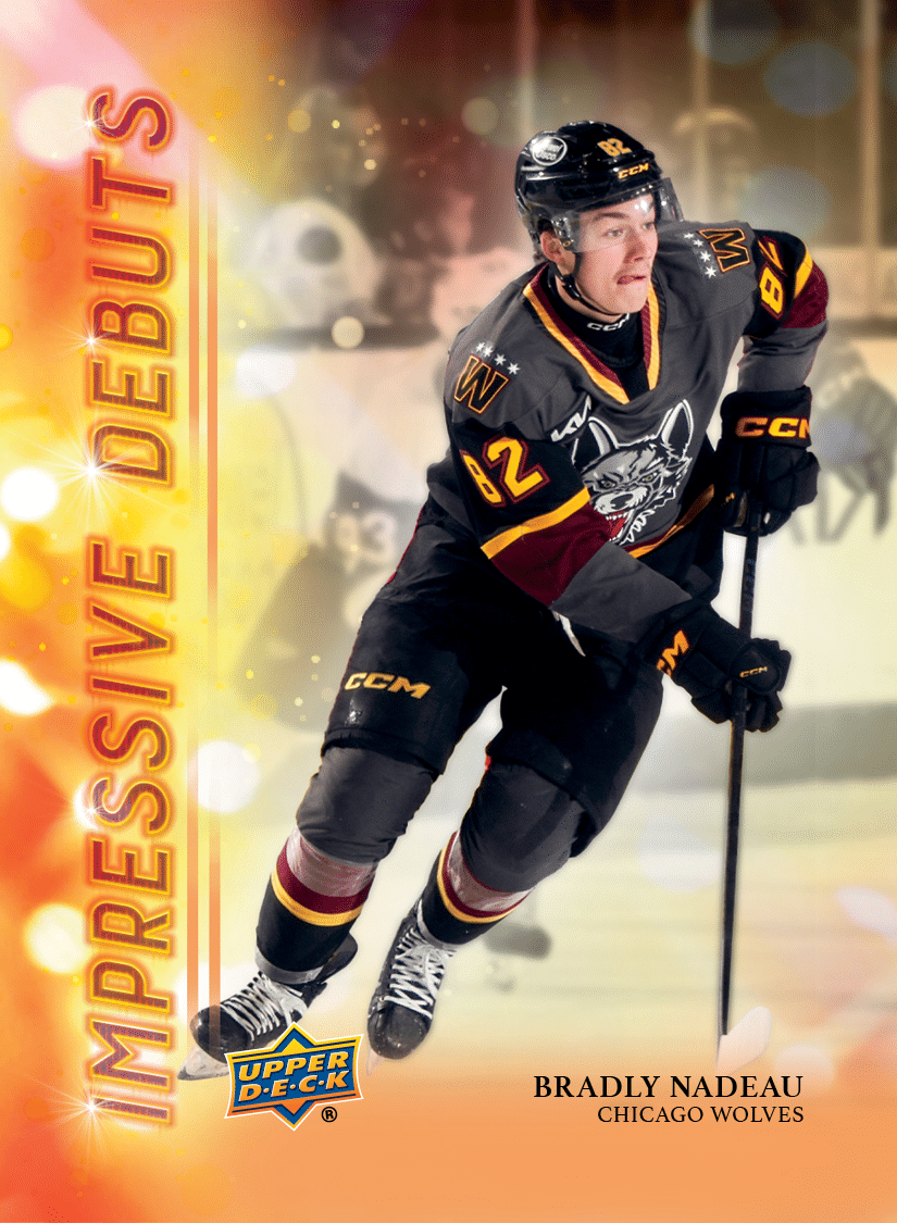 Bradly Nadeau Impressive Debuts preview in a dark Chicago Wolves uniform against an orange-and-gold background.