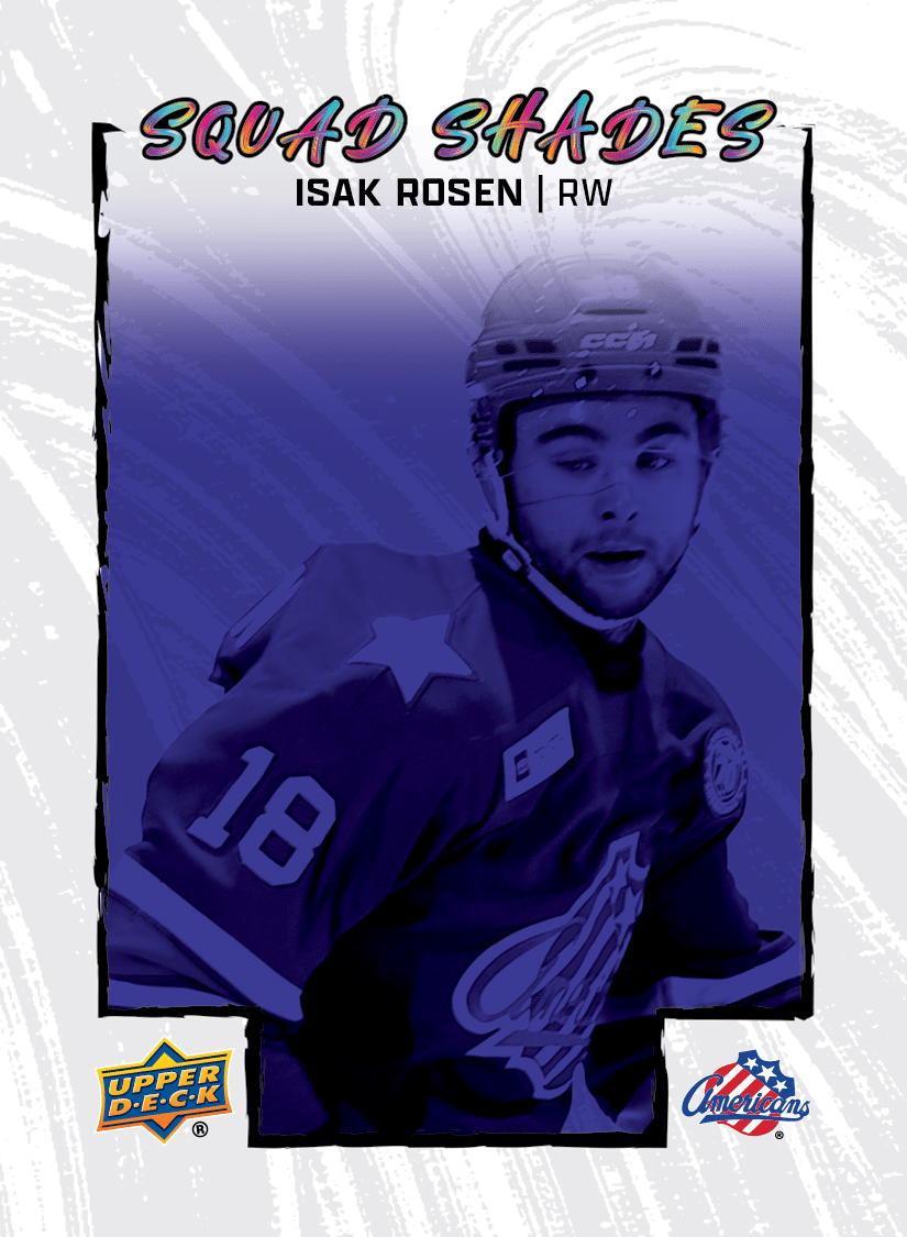 Isak Rosen Squad Shades preview with a blue-purple player portrait, irregular black frame and Rochester Americans logo.
