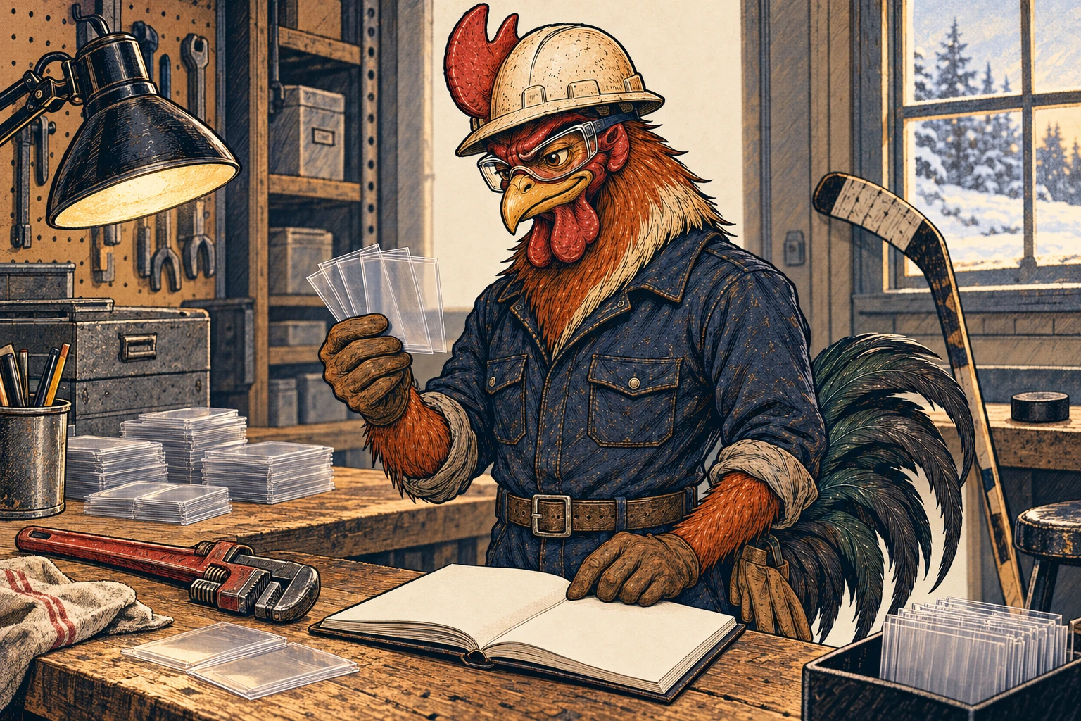 Rooster in an off-white hard hat, safety glasses, and navy coveralls sorts blank card sleeves beside a text-free notebook at a workbench, with a hockey stick and puck nearby.