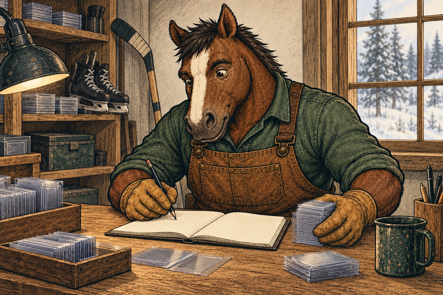 A broad draft horse in a green shirt, brown bib overalls, and work gloves sorts plain card sleeves at a wooden workbench while writing in a blank notebook. Hockey skates and a stick sit in the background.