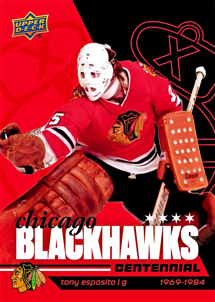 Tony Esposito base preview with white mask, brown pads, red sweater and oversized white Blackhawks lettering.
