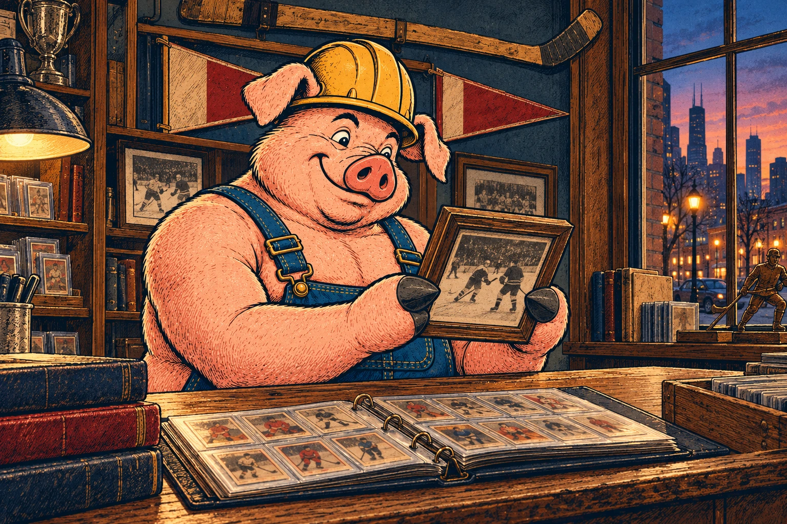 Hammy studies a framed hockey photograph beside an open card album in his warmly lit shop.
